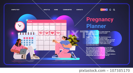 Happy pregnant woman near the calendar planned appointment with gynecologist pregnancy planner concept horizontal 107385170