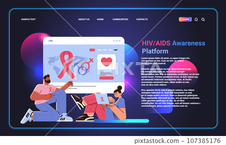 man woman couple with red ribbon solidarity with HIV-positive and living with AIDS people awareness campaign concept 107385176
