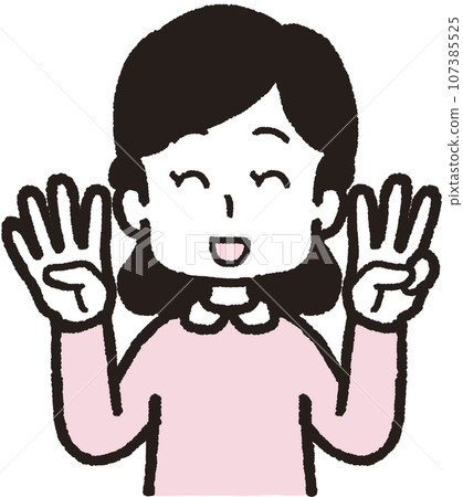 Upper body illustration of a smiling woman doing 43 hand signs with three fingers on her left hand and four fingers on her right hand Upper body illustration of a smiling woman doing 43 hand signs with three fingers on her left hand and four fingers on her right hand 107385525