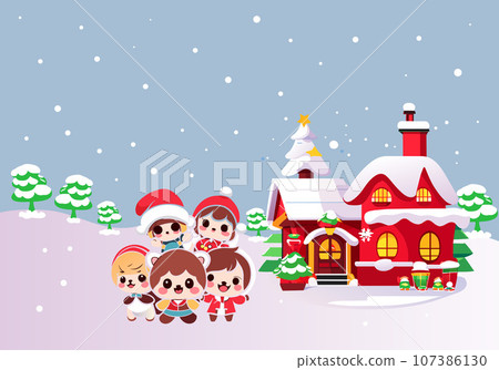cute family in front of christmas house. vector illustration. AI-generated  cute family in front of christmas house. vector illustration. AI-generated  107386130