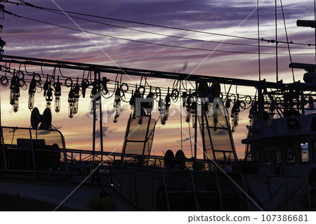 魷魚漁船和日落 107386681