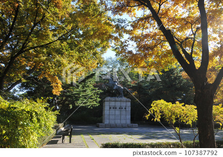 Public figure stature of ancient traditional Korean soldier warrior riding a horse in the old war in Namsam Park Mountain morning in Autumn foliage Public figure stature of ancient traditional Korean soldier warrior riding a horse in the old war in Namsam Park Mountain morning in Autumn foliage 107387792