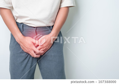 Older Man having Prostate gland or Urinary bladder pain. Prostate Cancer, Enlarged prostate, Prostatitis disease, Hypothyroidism, Male Infertility, Health and World cancer day concept 107388000