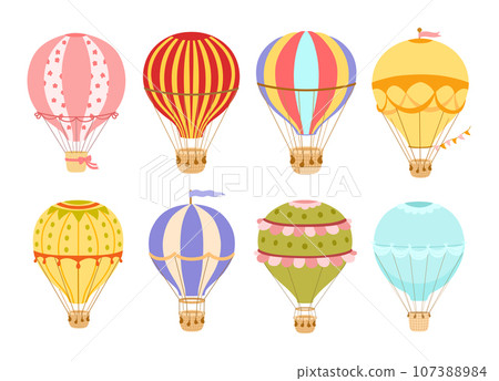 Vintage Hot air balloon with flags set. Vector colorful illustration isolated on white Vintage Hot air balloon with flags set. Vector colorful illustration isolated on white 107388984