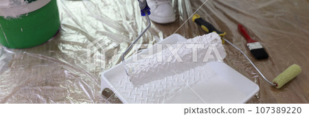 Worker holds roller brush over tray in renovated room Worker holds roller brush over tray in renovated room 107389220