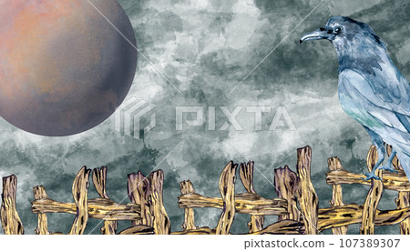 Banner of night dark sky at moon horizontal background. Black, grey clouds, crow on fence hand drawn. Backdrop mystical element for design scene Halloween, gothic background 107389307