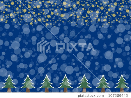 Background illustration of a starry sky with trees and falling snow [A4] 107389443