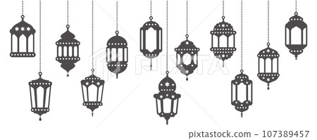 Ramadan lanterns vector set. Islamic lamps with stars decoration. Muslim ornament elements on white background. Traditional silhouette for holidays 107389457