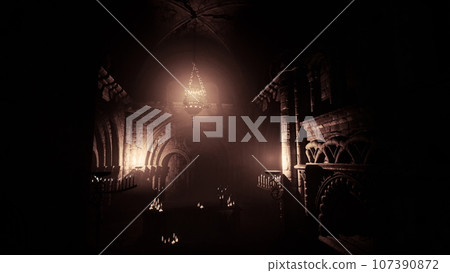 Mysterious interior ancient candle-lit cathedral Mysterious interior ancient candle-lit cathedral 107390872