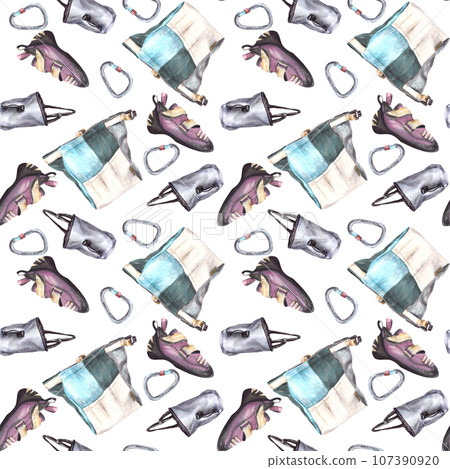 Chalk bags with sport climbing carabiner and bouldering shoe seamless pattern. Isolated on white background Hand drawn illustration Boulder equipments Repeating design for wrapping, wallpaper printing Chalk bags with sport climbing carabiner and bouldering shoe seamless pattern. Isolated on white background Hand drawn illustration Boulder equipments Repeating design for wrapping, wallpaper printing 107390920
