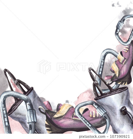 Climbing banner, frame. Sport shoes, carabiners, magnesia bag. Equipment for rock climbing, bouldering. Watercolor illustration isolated on white background with aquarelle splashes. Flyer, invitation 107390921