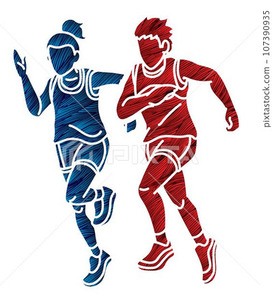 Children Running Together Boy and Girl Cartoon Sport Graphic Vector 107390935