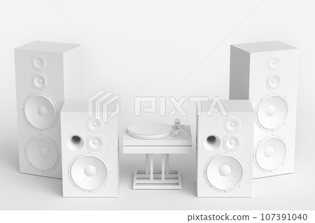 Set of Hi-fi speakers and DJ turntable for sound recording studio on monochrome 107391040