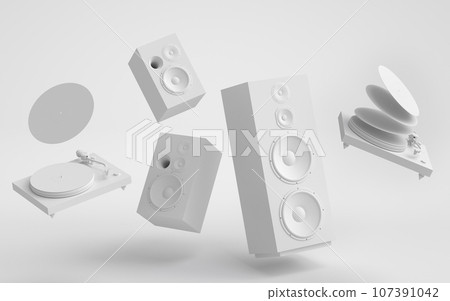 Set of Hi-fi speakers and DJ turntable for sound recording studio on monochrome 107391042