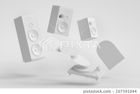 Set of Hi-fi speakers and DJ turntable for sound recording studio on monochrome 107391044