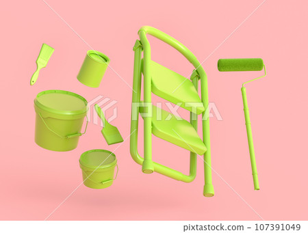 Set of metal cans or buckets with paint roller, brush and folding ladder 107391049