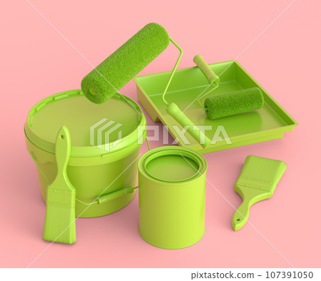 Set of safety helmet, bucket with paint rollers and brushes on monochrome. Set of safety helmet, bucket with paint rollers and brushes on monochrome. 107391050