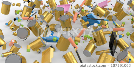 Many of flying metal cans or buckets with paint roller, brush on white 107391063