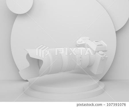 Abstract scene or podium with nonexistent DSLR camera and lens on monochrome 107391076