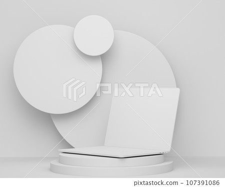 Abstract scene or podium with laptop with empty white screen on monochrome Abstract scene or podium with laptop with empty white screen on monochrome 107391086