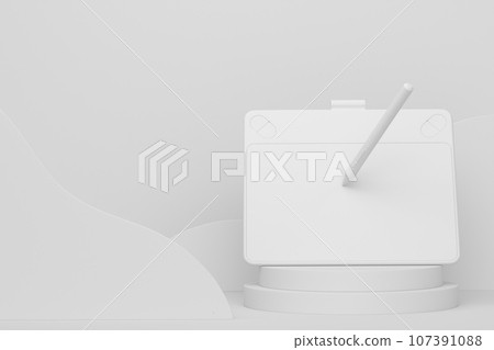 Abstract scene or podium with graphic tablet and pen on monochrome Abstract scene or podium with graphic tablet and pen on monochrome 107391088