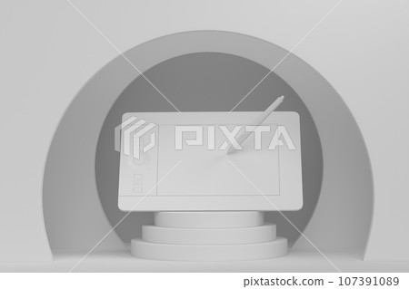 Abstract scene or podium with graphic tablet and pen on monochrome 107391089