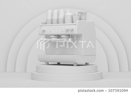 Abstract scene or podium with espresso coffee machine on monochrome Abstract scene or podium with espresso coffee machine on monochrome 107391094