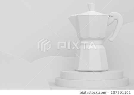 Abstract scene or podium with Italian geyser coffee maker on monochrome Abstract scene or podium with Italian geyser coffee maker on monochrome 107391101