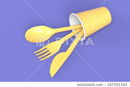 Set of disposable utensils like folk, spoon,knife and cup on monochrome 107391109