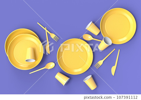 Set of disposable utensils like plate, folk, spoon,knife and cup on monochrome 107391112