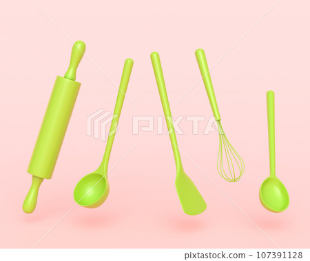 Wooden kitchen utensils, tools and equipment on monochrome background. Wooden kitchen utensils, tools and equipment on monochrome background. 107391128