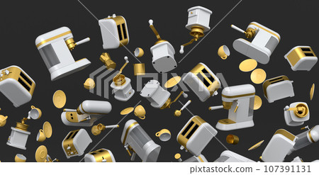 Many of flying espresso machine with horn, cups, geyser coffee maker and grinder 107391131