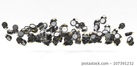 Many of flying alarm clocks on white background. 3d render of wake up time 107391232