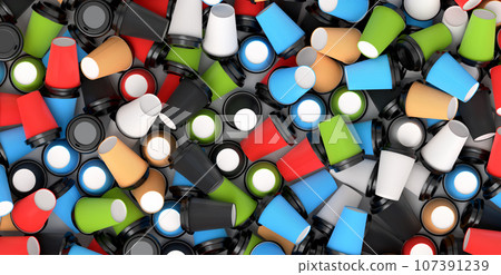 Pile of paper coffee cups for cappuccino, americano, espresso on orange 107391239