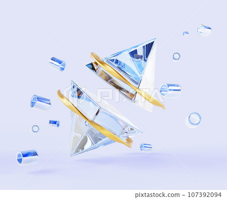 3d render abstract geometric blue background, glass transparent clear triangles with gold rings and flying plastic tubes. Futuristic space crystal pyramids with metal frames in motion. 3D illustration 107392094