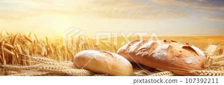 Wheat field with wheat bread and pastries in the foreground 107392211