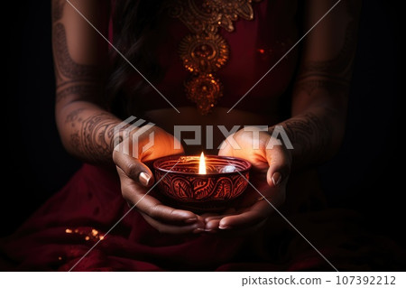 Woman hands with henna holding colorful clay diya lamps lit during diwali celebration Woman hands with henna holding colorful clay diya lamps lit during diwali celebration 107392212