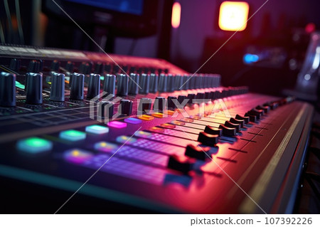 Professional audio mixer control panel with buttons and sliders 107392226