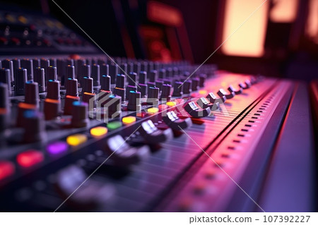 Professional audio mixer control panel with buttons and sliders 107392227