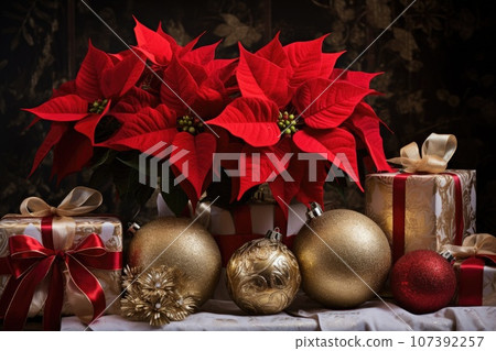 Red poinsettias and gift packages with bows. Christmas decorations Red poinsettias and gift packages with bows. Christmas decorations 107392257