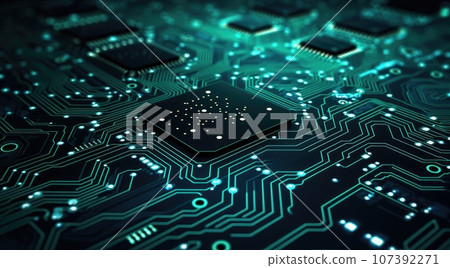 Futuristic neon microprocessor on blue background. Integrated microchip 107392271
