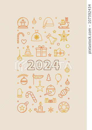 Merry Christmas and Happy 2024 New Year vector Winter Holidays concept thin line creative vertical Banner 107392434