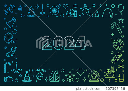 Merry Xmas 2024 colored horizontal Banner in line style - vector Happy New Year frame 107392436