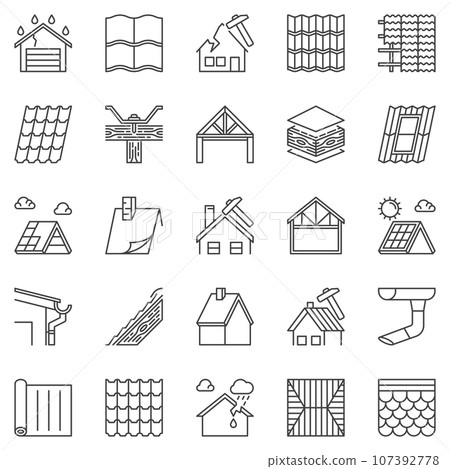 Roof Repair outline icons set - Housetop and Roofing vector signs 107392778