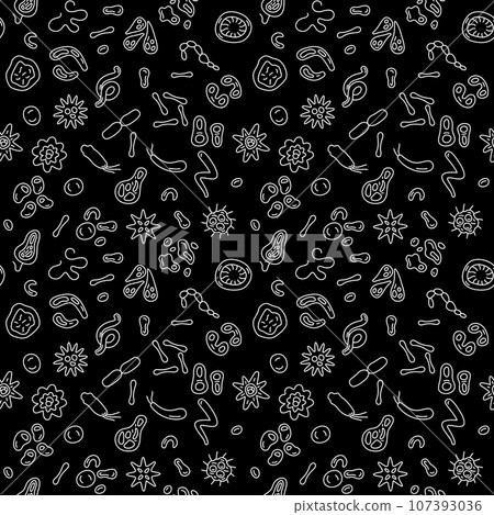 Microorganism and Bacteria vector Pathogen concept dark thin line seamless pattern 107393036
