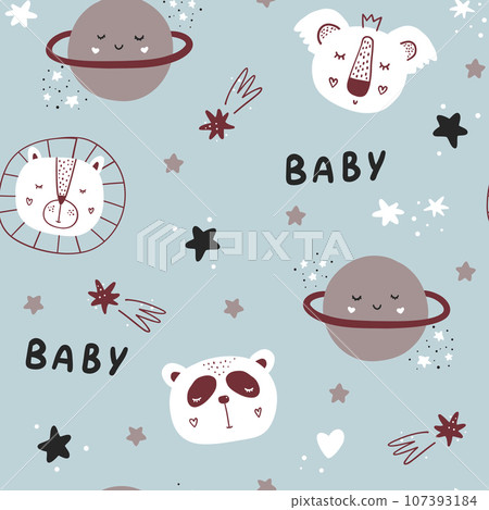 Seamless childish pattern with funny animals faces and planets. Seamless childish pattern with funny animals faces and planets. 107393184
