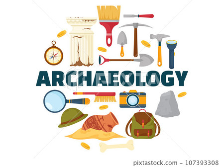 Archeology Vector Illustration with Archaeological Excavation of ancient Ruins, Artifacts and Dinosaurs Fossil in Flat Cartoon Hand Drawn Templates 107393308