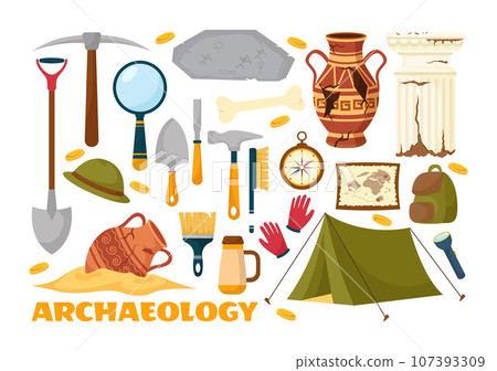Archeology Vector Illustration with Archaeological Excavation of ancient Ruins, Artifacts and Dinosaurs Fossil in Flat Cartoon Hand Drawn Templates 107393309