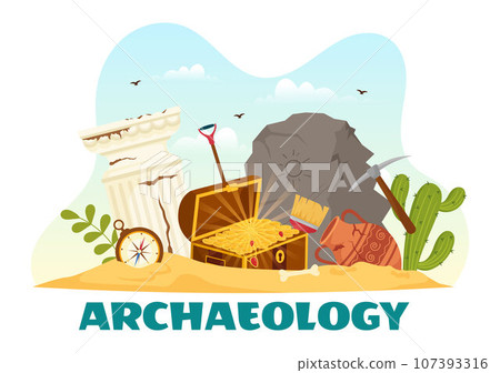 Archeology Vector Illustration with Archaeological Excavation of ancient Ruins, Artifacts and Dinosaurs Fossil in Flat Cartoon Hand Drawn Templates 107393316