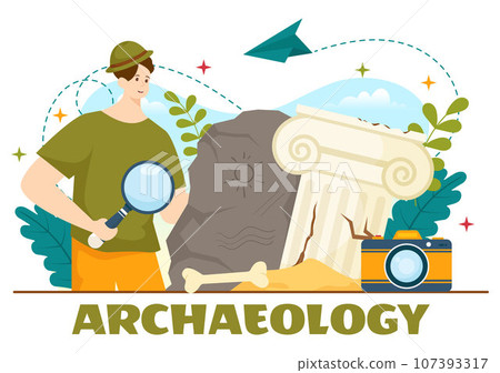 Archeology Vector Illustration with Archaeological Excavation of ancient Ruins, Artifacts and Dinosaurs Fossil in Flat Cartoon Hand Drawn Templates 107393317